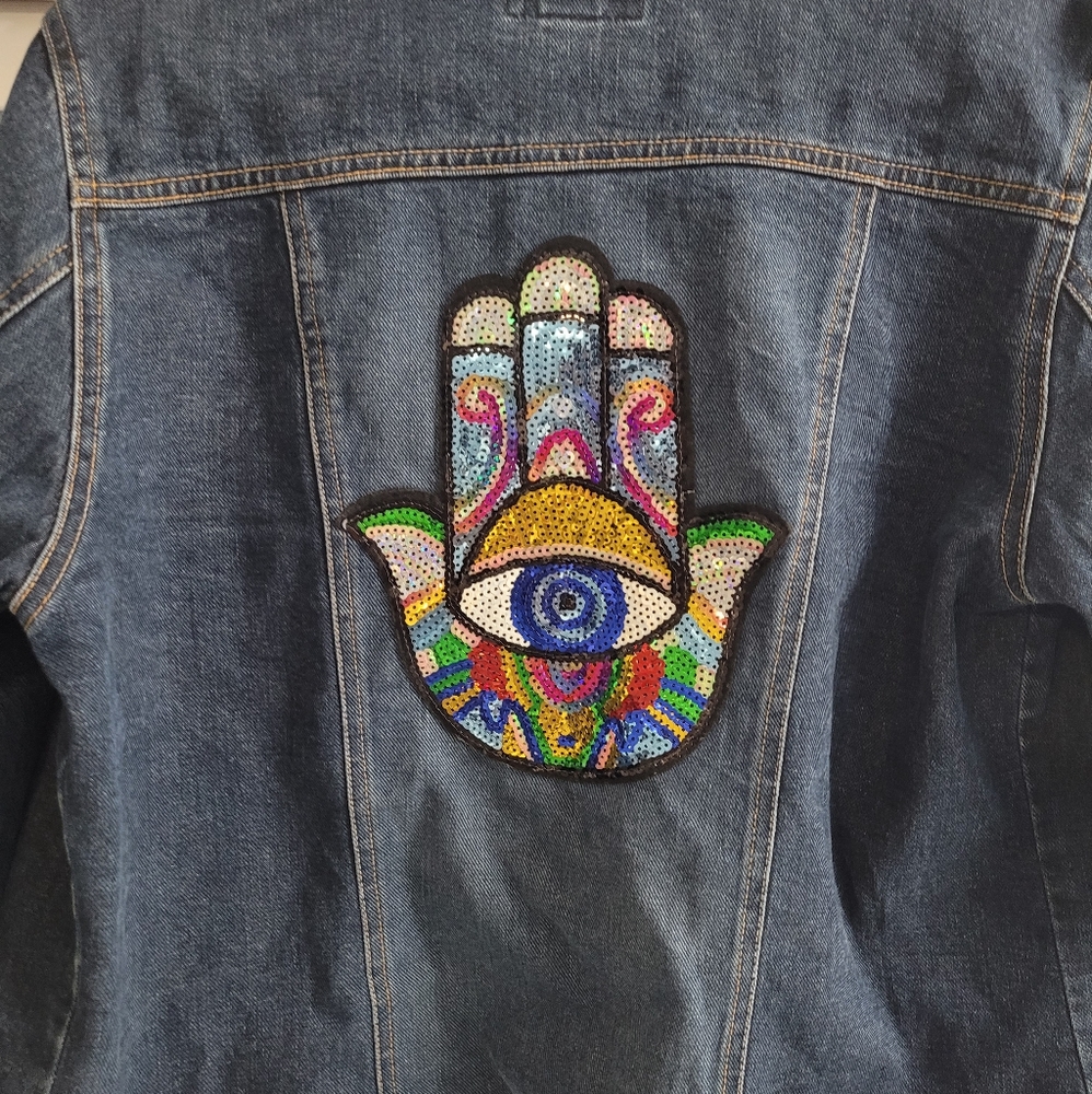 Custom Sequence Denim Jacket With Hamsa Hand W/ E… - image 1